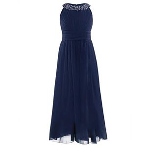 Navy Embellished Halter Chiffon Girls' Formal Dress